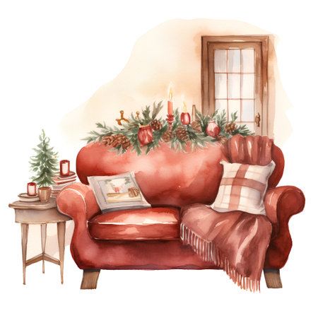 Watercolor Christmas interior with armchair, fireplace, coffee table, christmas tree and gifts. Hand drawn illustrationの素材