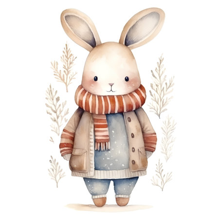 Cute cartoon bunny in warm winter clothes. Watercolor illustration.の素材