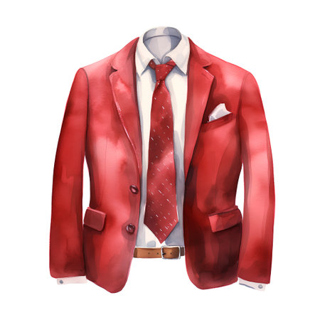 Watercolor illustration of a red blazer with a tie on a white backgroundの素材