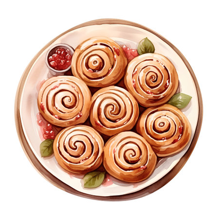 Cinnamon rolls with berry sauce. Hand drawn watercolor illustrationの素材