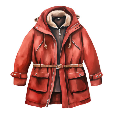 Watercolor red winter coat isolated on white background. Hand drawn illustrationの素材
