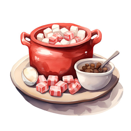 Watercolor illustration of a red pot with marshmallows on a white backgroundの素材