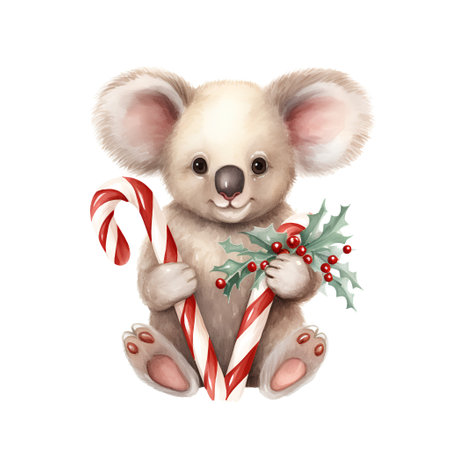 Cute koala with Christmas candy cane. Watercolor illustration.の素材