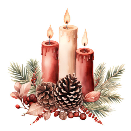 Watercolor Christmas composition with candles, pine cones and berries. Hand drawn illustrationの素材