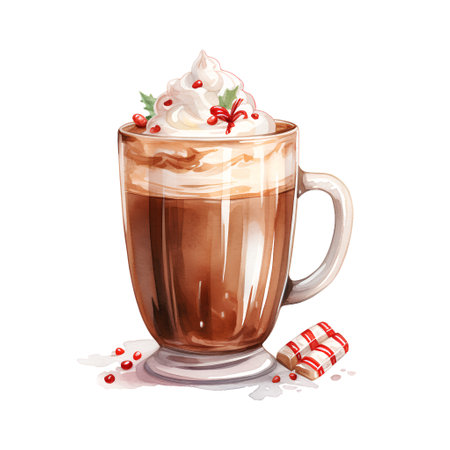 Hot chocolate with whipped cream and cranberry. Watercolor illustration.の素材