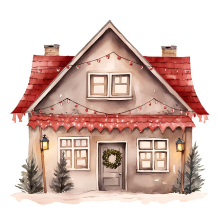 Hand drawn watercolor illustration. Christmas house. Isolated on white backgroundの素材