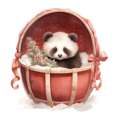 Watercolor panda in a wooden barrel with a Christmas tree.の素材