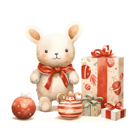 Watercolor christmas illustration. Cute teddy bear and gift box.の素材