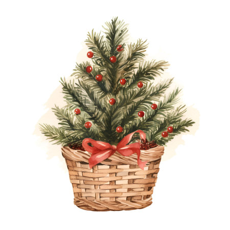 Watercolor Christmas tree in wicker basket isolated on white background.の素材