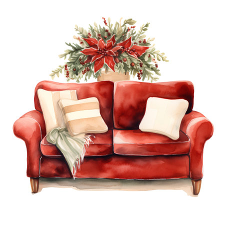 Hand drawn watercolor illustration of a red sofa with pillows and Christmas decorations.の素材