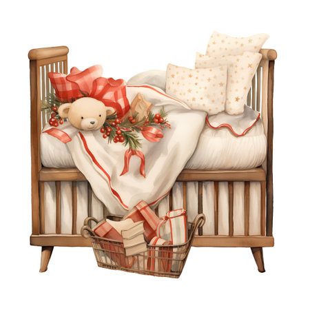 3D digital render of a teddy bear sleeping in a baby crib isolated on white backgroundの素材