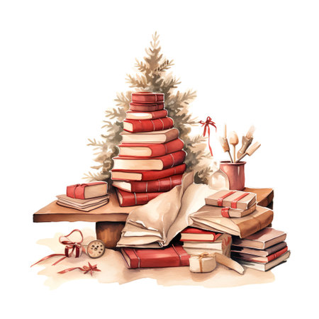 Watercolor christmas tree with books and decorations. Hand drawn illustrationの素材