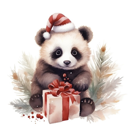 Cute panda bear in Santa Claus hat with gift box. Watercolor illustrationの素材