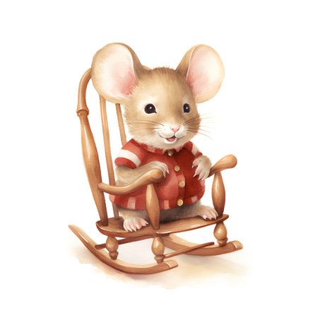 Watercolor illustration of a cute little mouse in a red sweater sitting on a rocking chair.の素材