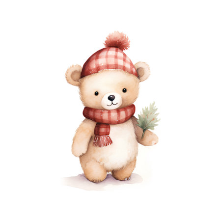 Watercolor illustration of a cute teddy bear in a red scarf and hat.の素材