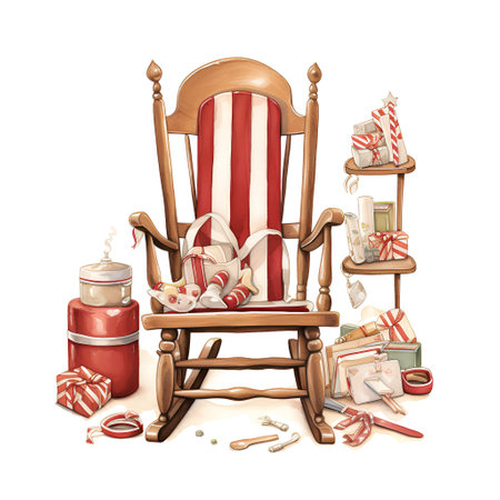 Watercolor Christmas rocking chair with gifts and toys. Hand drawn illustrationの素材