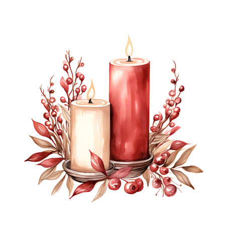 Beautiful vector image with nice watercolor christmas wreath with candlesの素材