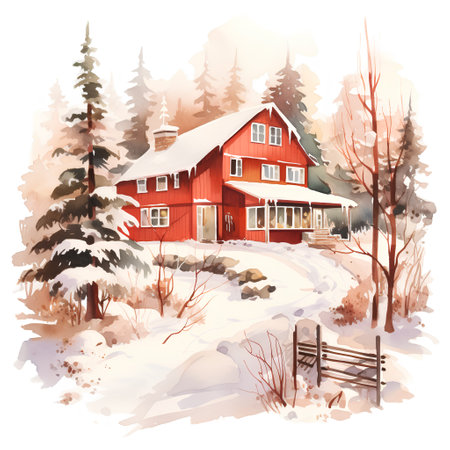 Watercolor winter landscape with red wooden house in the forest. Hand drawn illustrationの素材