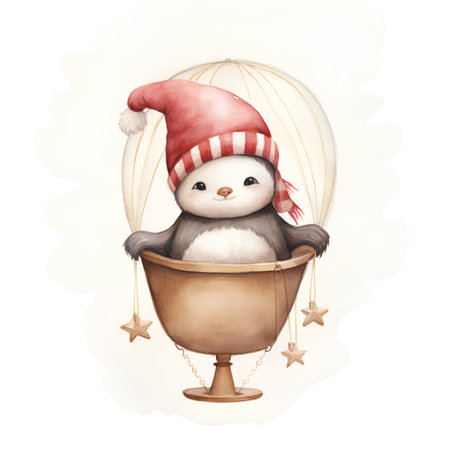 Cute watercolor penguin in a christmas hat. Hand drawn illustrationの素材