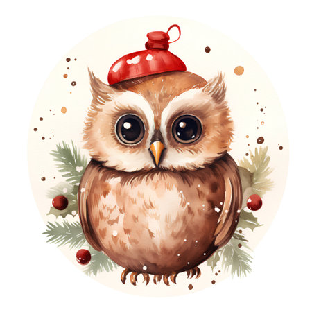 Christmas greeting card with cute cartoon owl. Watercolor hand drawn illustrationの素材