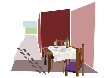End of dinner in a restaurant  Table, chairs, dishes, cups and wine  Lovely evening meal in a modern decorated room のイラスト素材
