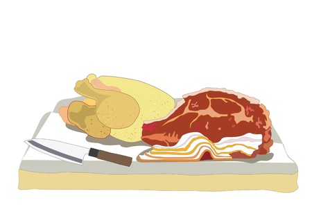 Meat, chicken and bacon with a knife on a wooden table  のイラスト素材