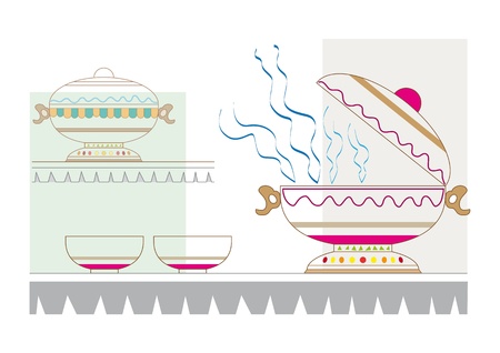 Tureen and  bowls placed in a cosy shelf  Tasty soup for a winter meal のイラスト素材