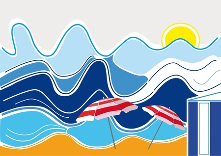 Big waves, beach, sun shining, two parasols and a beach hut in a summertime scene のイラスト素材