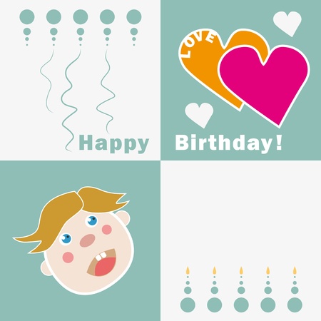 Happy birthday card for a little boy. Hearts, candles and balloons.のイラスト素材