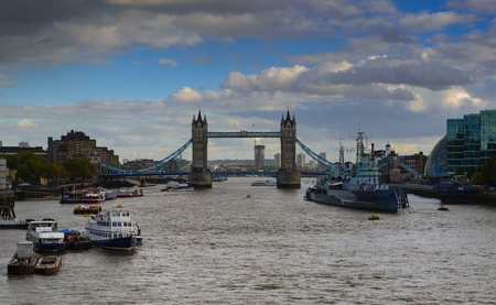 Tower Bridge and HMS Belfast on London River Thamesの写真素材