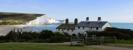 Seaside cottages with fantastic views over the seven sisters cliffs in East Sussex のeditorial素材