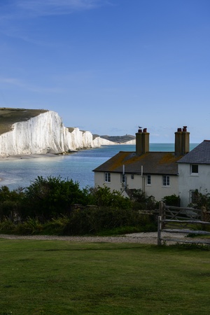 Coastal cottages with fantastic views over the seven sisters cliffs in East Sussex のeditorial素材