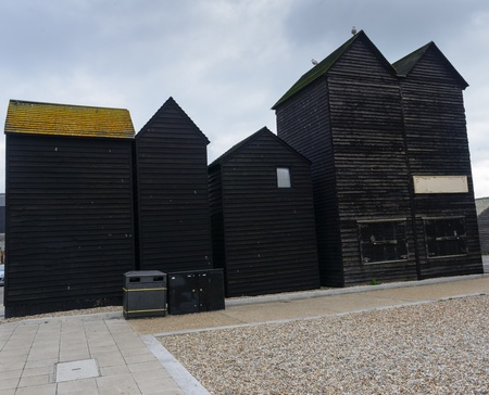 Black Fishing Huts in Hastings, South East Englandの写真素材