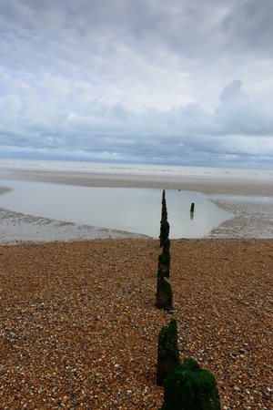 Submerged posts on beachの写真素材