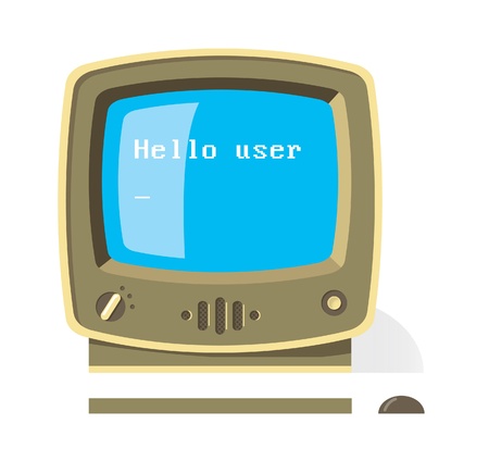 Vintage computer monitor with keyboard and mouse with Hello user message on screen  Artificial...