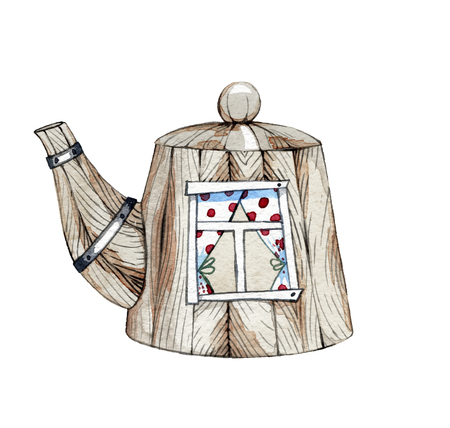 hand drawn watercolor fairy house in the shape of a kettle on a white backgroundの写真素材