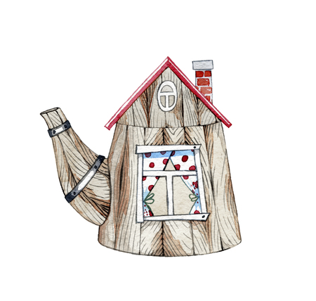 hand drawn watercolor fairy house in the shape of a kettle on a white backgroundの写真素材