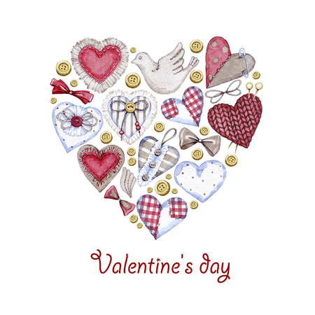 hand drawn watercolor textile hearts on Valentines dayの写真素材
