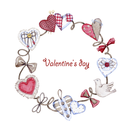 hand drawn watercolor textile hearts on Valentines dayの写真素材