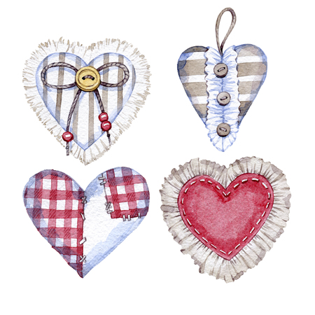 hand drawn watercolor textile hearts on Valentines dayの写真素材
