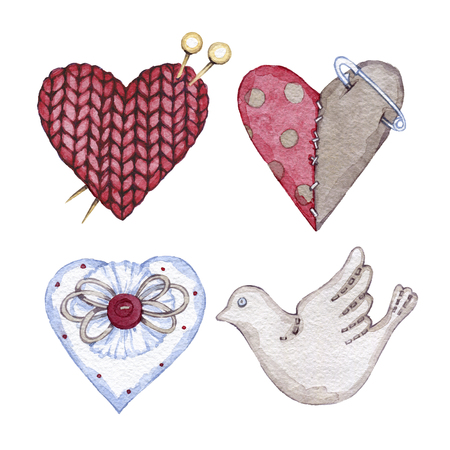 hand drawn watercolor textile hearts on Valentines dayの写真素材