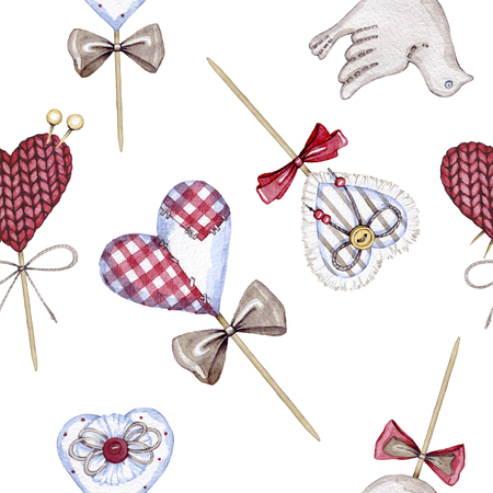 hand drawn watercolor seamless pattern made of textile hearts on Valentines dayの写真素材