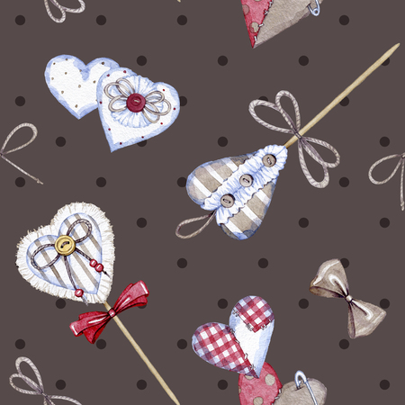 hand drawn watercolor seamless pattern made of textile hearts on Valentines dayの写真素材