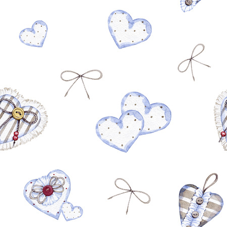 hand drawn watercolor seamless pattern made of textile hearts on Valentines dayの写真素材