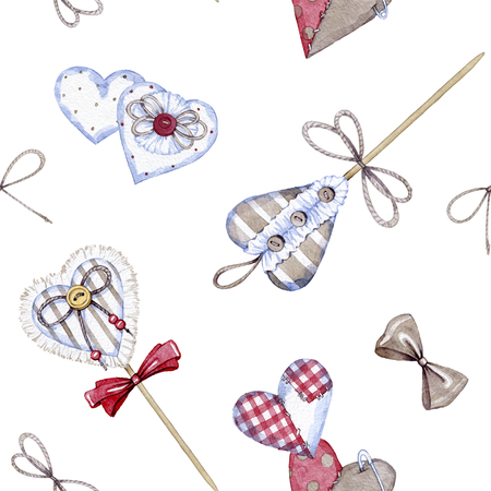 hand drawn watercolor seamless pattern made of textile hearts on Valentines dayの写真素材
