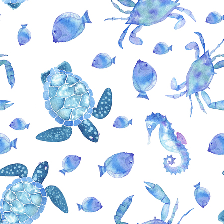 hand drawn watercolor seamless pattern made of figures of sea creaturesの写真素材