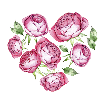 hand drawn watercolor heart shaped set of rosesの写真素材