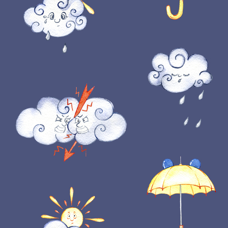hand drawn watercolor seamless pattern made of cartoon characters, clouds, umbrella and sunの写真素材