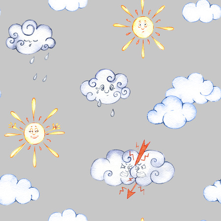 hand drawn watercolor seamless pattern made of cartoon characters, clouds, umbrella and sunの写真素材