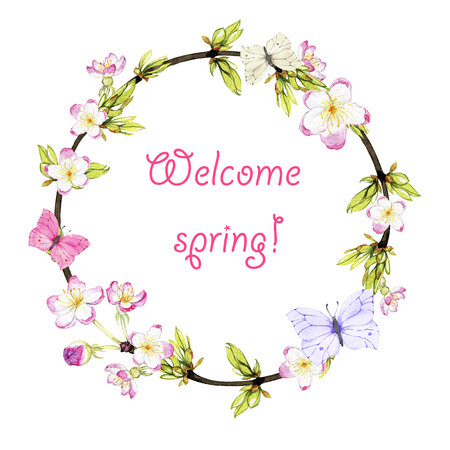 spring wreath from twigs, young foliage, butterflies and spring flowersの写真素材